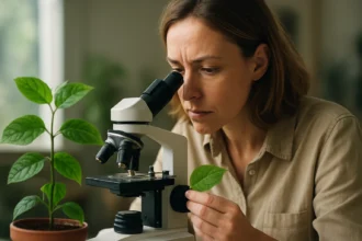 Žena skúma list rastliny pod mikroskopom v interiéri.