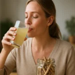 Žena si vychutnáva nápoj z ruszli, podporujúci zdravie.