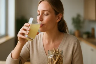 Žena si vychutnáva nápoj z ruszli, podporujúci zdravie.