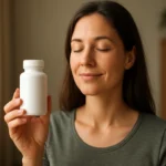 Žena s bielou fľašou magnézium-bisglycinátu na zlepšenie zdravia