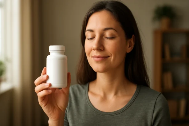 Žena s bielou fľašou magnézium-bisglycinátu na zlepšenie zdravia