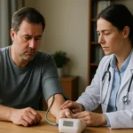 Lékař měří krevní tlak muže během vyšetření.