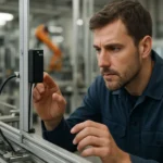 Odborník kontroluje snímač mŕtveho bodu v priemyselnej automatizácii.
