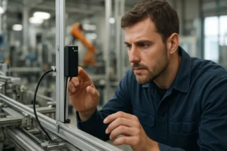 Odborník kontroluje snímač mŕtveho bodu v priemyselnej automatizácii.