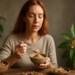 Žena s ashwagandha práškom a koreňmi, pri zdravom životnom štýle.