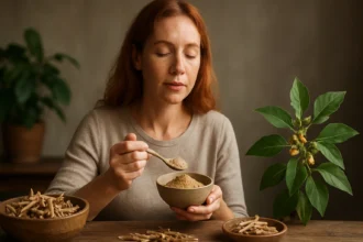 Žena s ashwagandha práškom a koreňmi, pri zdravom životnom štýle.