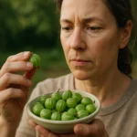 Žena hodnotí čerstvé egreše na pozadí prírody.