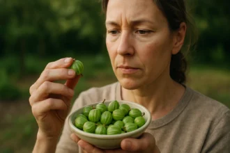Žena hodnotí čerstvé egreše na pozadí prírody.