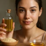 Žena s fľašou sezamového oleja a semienkami na drevenom stole