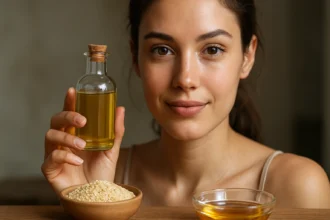 Žena s fľašou sezamového oleja a semienkami na drevenom stole