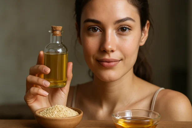 Žena s fľašou sezamového oleja a semienkami na drevenom stole