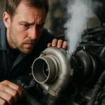 Mechanik kontroluje turbínu s unikajúcim dymom