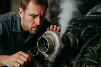 Mechanik kontroluje turbínu s unikajúcim dymom