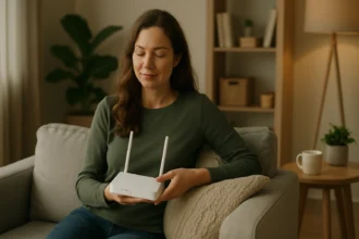 Žena sedí na pohovke s bezdrôtovým extenderom, uvoľnená a spokojná.