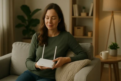 Žena sedí na pohovke s bezdrôtovým extenderom, uvoľnená a spokojná.