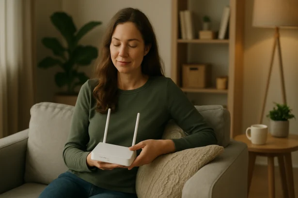 Žena sedí na pohovke s bezdrôtovým extenderom, uvoľnená a spokojná.