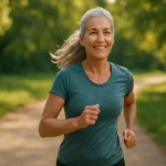 Žena s šedými vlasmi beží v parku a usmieva sa.