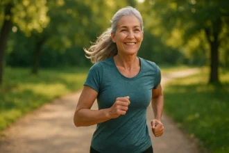 Žena s šedými vlasmi beží v parku a usmieva sa.