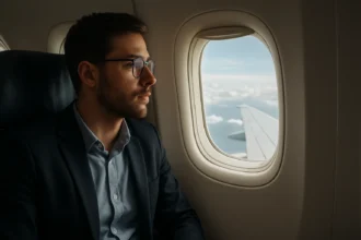 Muž sedí pri okne v lietadle s výhľadom na oblohu a krídlo.