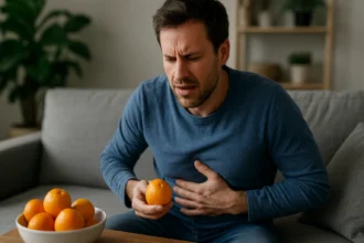 Muž s bolesťami brucha držiaci mandarínku