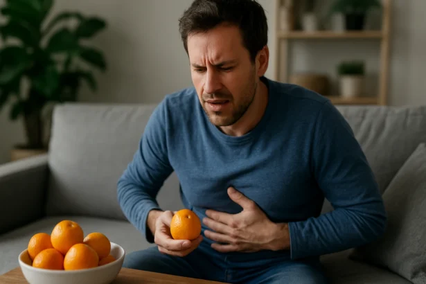 Muž s bolesťami brucha držiaci mandarínku