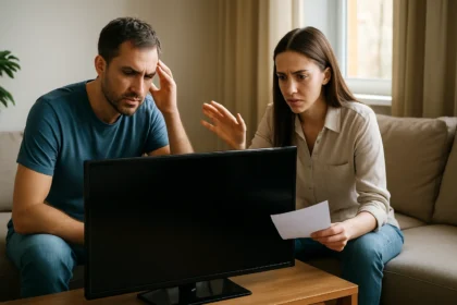 Pár frustrovaný pri sledovaní plazmového televízora