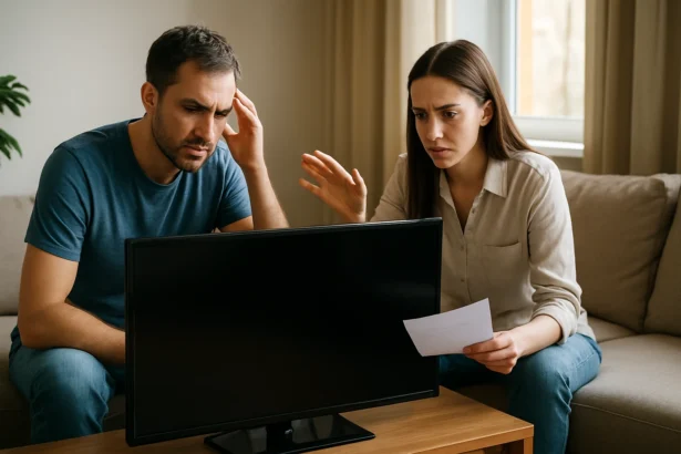 Pár frustrovaný pri sledovaní plazmového televízora