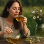 Žena vychutnáva čaj z lúčneho kvetu v prírode.