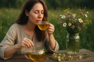 Žena vychutnáva čaj z lúčneho kvetu v prírode.