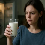 Žena skúma pohár mlieka s vážnym výrazom.