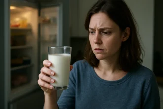 Žena skúma pohár mlieka s vážnym výrazom.