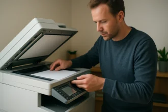 Muž nastavuje fénymásoló s otvoreným krytom a prázdnym papierom.