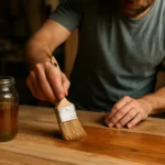 Mu muž natiera drevo ľanovým olejom na ochranu a výživu.