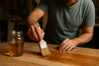 Mu muž natiera drevo ľanovým olejom na ochranu a výživu.