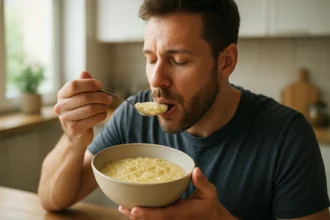 Muž vychutnávajúci si puliszku z misky v domácom prostredí