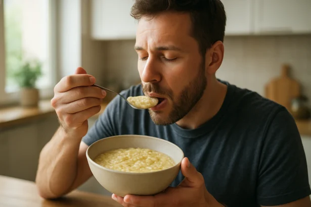 Muž vychutnávajúci si puliszku z misky v domácom prostredí