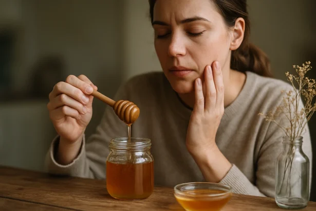 Žena pripravuje med v kuchyni, zdôrazňujúca jeho zdravotné výhody.