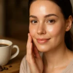 Žena sa dotýka svojej pleti s šálkou kávy vedľa seba.