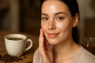 Žena sa dotýka svojej pleti s šálkou kávy vedľa seba.