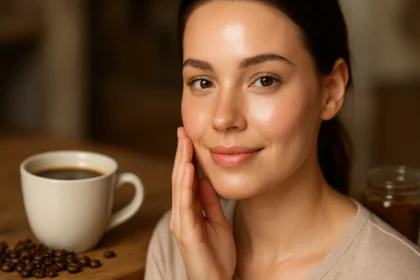 Žena sa dotýka svojej pleti s šálkou kávy vedľa seba.