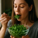 Žena konzumuje čerstvú rukolu z misy, zdravá strava.
