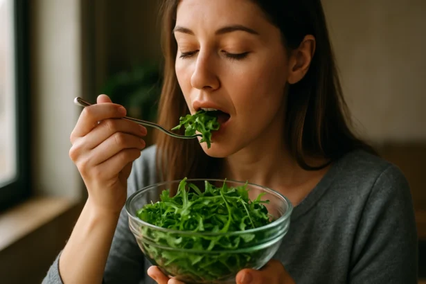 Žena konzumuje čerstvú rukolu z misy, zdravá strava.