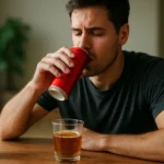 Muž pijúci energetický nápoj z červenej plechovky pri stole.