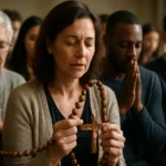 Ludia modliaci sa s ružencom vo skupinovej modlitbe.