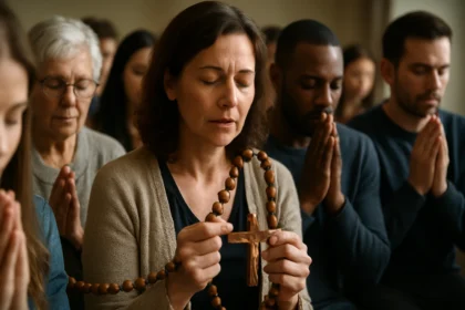 Ludia modliaci sa s ružencom vo skupinovej modlitbe.