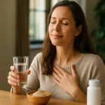 Žena užívajúca beta-glukán s pohárom vody pre zdravie a imunitu.