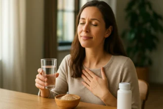 Žena užívajúca beta-glukán s pohárom vody pre zdravie a imunitu.