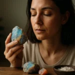 Žena s andským opálom, skúmajúca jeho energetické vlastnosti.
