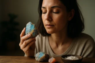 Žena s andským opálom, skúmajúca jeho energetické vlastnosti.