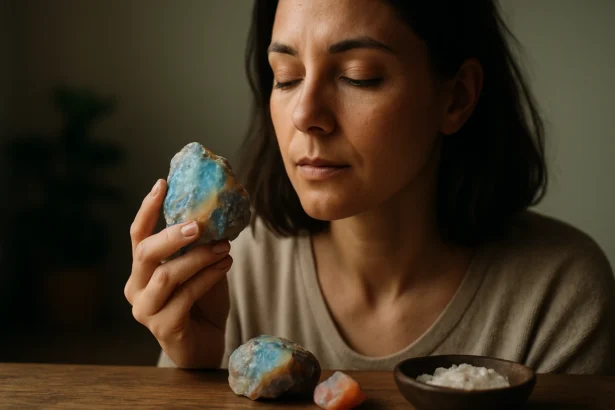 Žena s andským opálom, skúmajúca jeho energetické vlastnosti.